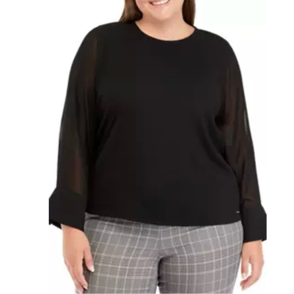 NWT Calvin Klein Black Chiffon boat neck top with sheer sleeves